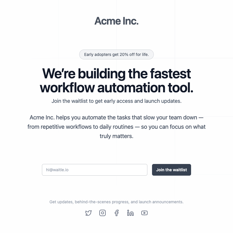 Coming soon sample page screenshot - waitle.io